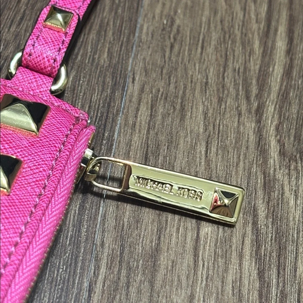 Michael Kors Fuchsia Studded Wristlet Clutch Gold Studs Pink Leather